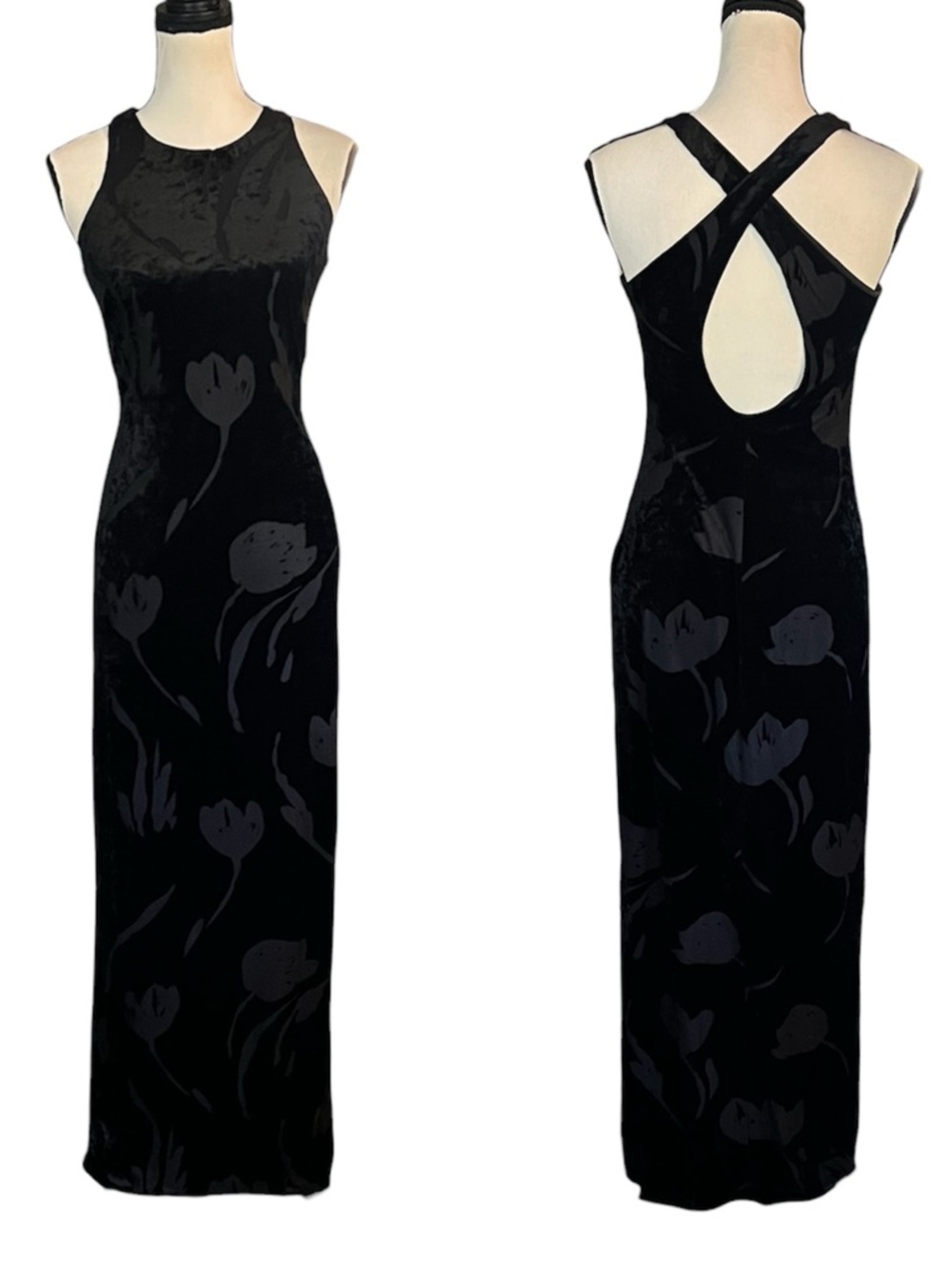 Vintage 90s Laundry Shelli Segal Velvet Sheer Mesh Tulip Floral Maxi Slip Dress